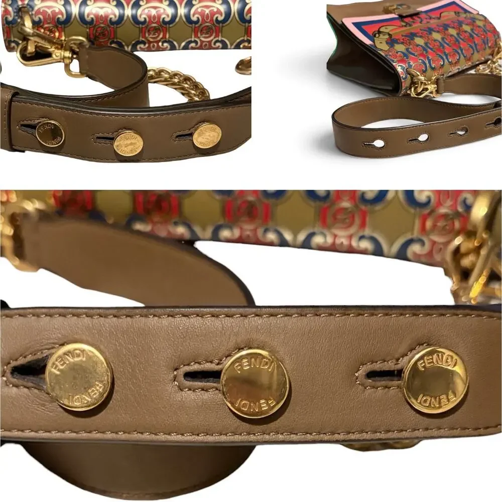 Fendi Kan I Medium FF Logo Print Flap Shoulder Bag Gold Chain Crossbody Khaki